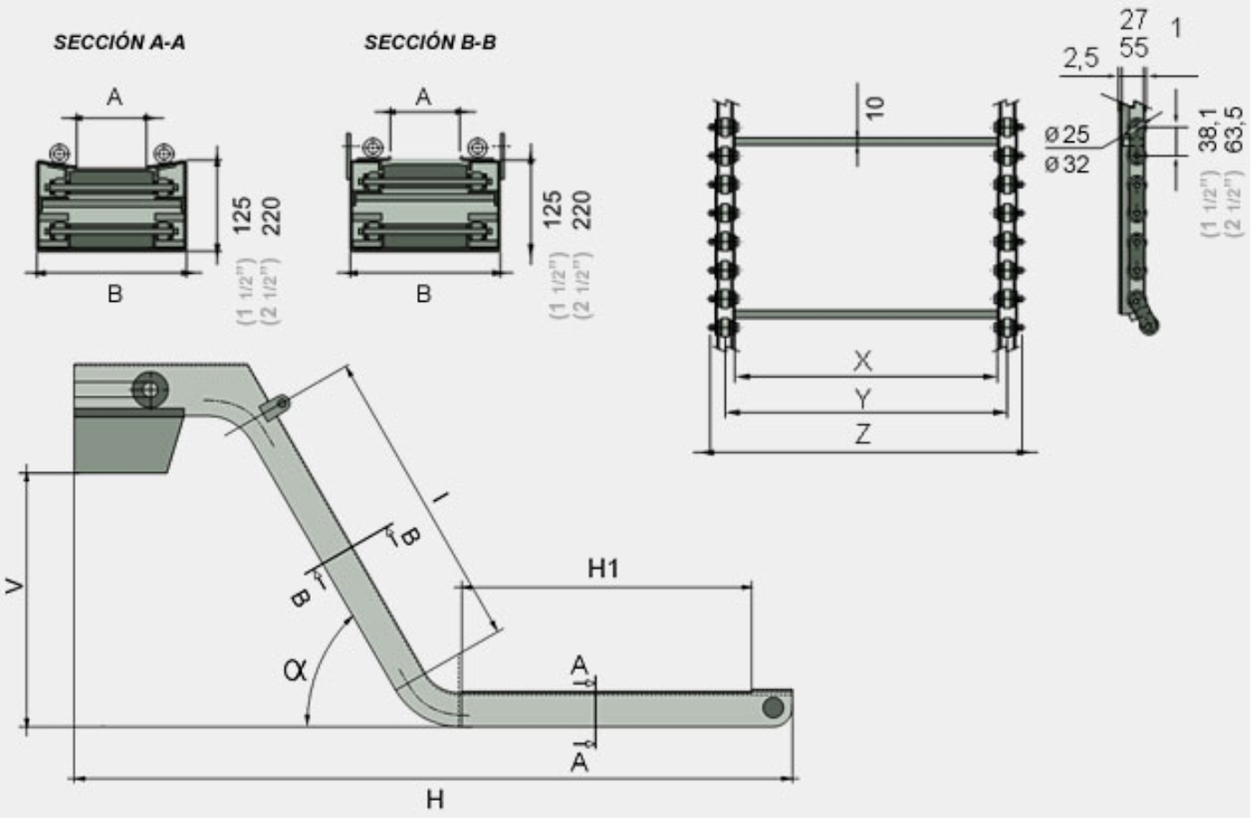 Paso de cadena 1 1/2” y 2 1/2”